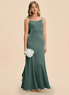 Azazie Lioren Junior Sea Moss Sheath Bow Stretch Satin Dress image2