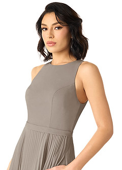 Azazie Lindie Brautjungfernkleider A-Linie Schaufel Gefaltet Chiffon Kleid Taupe image4