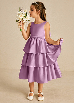 Azazie Margery Blumenmädchenkleider A-Linie Schleifen Stretch-Satin Kleid Blauregen image4