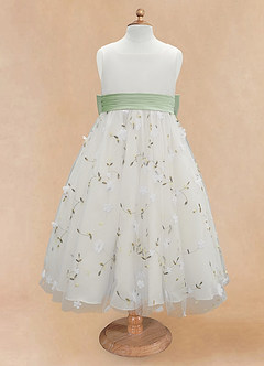 Azazie Pollie Flower Girl Dresses Ivory Dusty Sage A-Line Bow Tulle Dress image10
