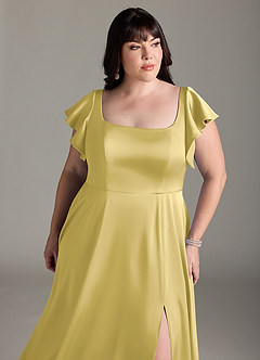 Azazie Bondi Bridesmaid Dresses Canary A-Line Bow Stretch Satin Dress image11