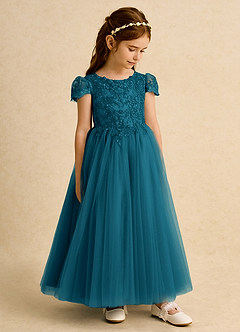Azazie Puff Flower Girl Dresses Ink Blue Ball-Gown Lace Tulle Dress image4