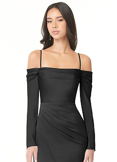 Azazie Hallie Bridesmaid Dresses Black Sheath Off-The-Shoulder Long Sleeve Stretch Satin Convertible Dress image2