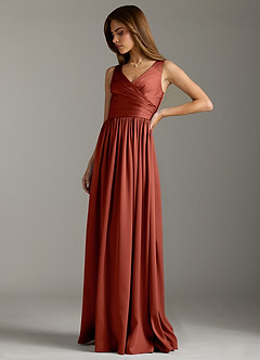 Azazie Keyla Robes de demoiselle d'honneur Robe Trapèze en Satin extensible Plissée Terracotta image6