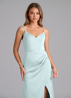 Azazie Leo Bridesmaid Dresses Sea Glass Sheath Pleated Stretch Satin Dress image4