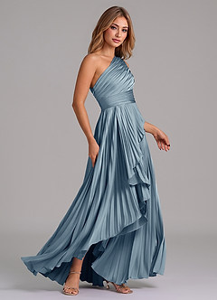 Azazie Lyrica 신부 들러리 드레스 A라인 한쪽 어깨 스트레치 새틴 비대칭 드레스 image3