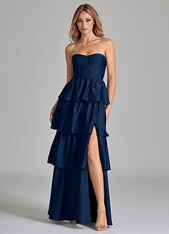 Azazie Faye Vestidos de damas de honor Vestido de Azul Marino Oscuro de Satén Elástico de Corte en A con Volante image4