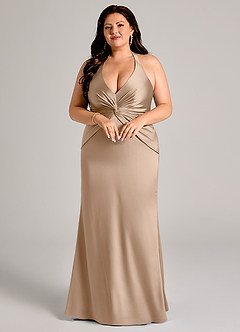 Azazie Valerie Bridesmaid Dresses Taupe Mermaid Pleated Stretch Satin Dress image3