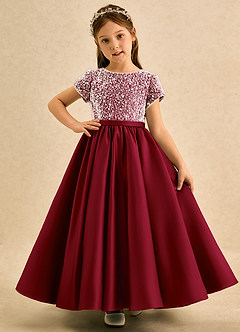 Azazie Cashew Blumenmädchenkleider Ballkleid mit ärmel Matte Satin Kleid Burgunderrot image2