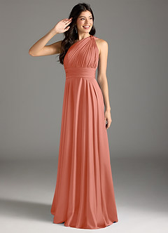 Azazie Charlize Bridesmaid Dresses Salmon Pink A-Line One Shoulder Stretch Satin Dress image1