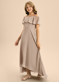Azazie Maggie Junior Taupe A-Line Off the Shoulder Chiffon Dress image4