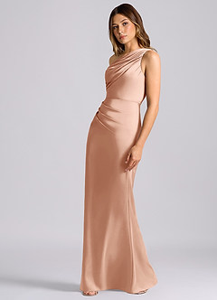 Azazie Akilah Vestidos de damas de honor Vestido Oro Rosa de Satén Elástico de Corte Sirena con Un hombro image5