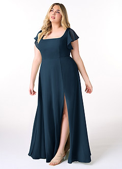 Azazie Bondi Vestidos de damas de honor Vestido Azul Marino Oscuro de Gasa de Línea A con Volantes image9