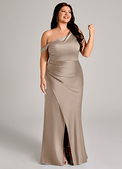 Azazie Madelyn Bridesmaid Dresses Taupe Mermaid One Shoulder Stretch Satin Convertible Dress image12