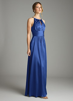 Azazie Bonnie Vestidos de damas de honor Vestido de Azul Real de Satén Elástico de Corte en A con Plisado image4