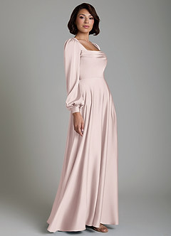 Azazie Solana At-home Try On Dresses Blushing Pink A-Line Long Sleeve Stretch Satin Dress image5