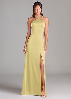 Azazie Elliana Bridesmaid Dresses Lemon Sorbet A-Line Side Slit Stretch Satin Dress image5