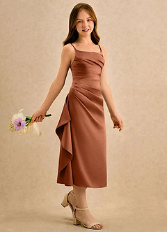 Azazie Canna Girls Formal Robe Demoiselle D'honneur Fillette Robe Trapèze en Satin extensible Plissée Cuivre image3