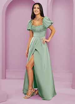 Barbie ♥ Azazie Bridesmaid Dresses Agave A-Line Ruched Stretch Satin Dress image8