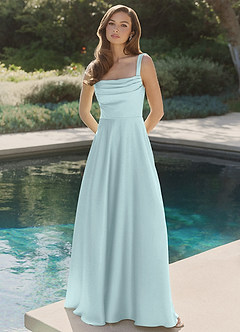 Azazie Shaude Bridesmaid Dresses Sea Glass A-Line Pleated Stretch Satin Dress image4
