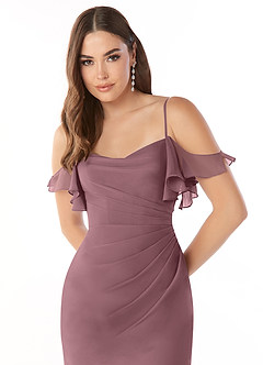 Azazie Emeralda At-home Try On Dresses Amethyst Sheath Off the Shoulder Chiffon Dress image6