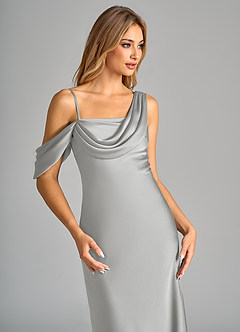 Azazie Celina Bridesmaid Dresses Silver Sheath Off the Shoulder Stretch Satin Dress image7