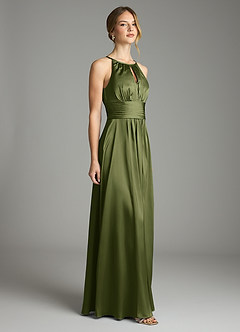 Azazie Bonnie Bridesmaid Dresses Olive A-Line Pleated Stretch Satin Dress image4