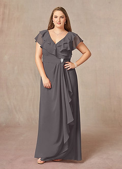 Azazie Snapdragon Mother of the Bride Dresses Steel Grey A-Line V-Neck Ruched Chiffon Dress image9
