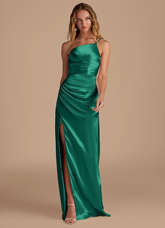 Azazie Eren Bridesmaid Dresses Emerald Sheath One Shoulder Metallic Satin Dress image3
