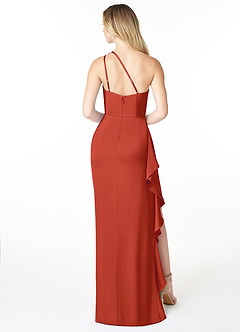 Azazie Latrice Bridesmaid Dresses Rust Sheath One Shoulder Cascading Ruffles Stretch Satin Dress image2