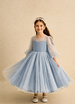 Azazie Trudy Flower Girl Dresses Dusty Blue Ball-Gown Sweetheart Neckline Tulle Dress image5
