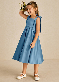 Azazie Chelsie vestidos de niña de las flores Vestido de Azul Acero de Satin Mate de Corte En A con Lazo image4