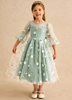 Azazie Elowen Blumenmädchenkleider A-Linie Herzausschnitt Spitze Kleid Matcha image1
