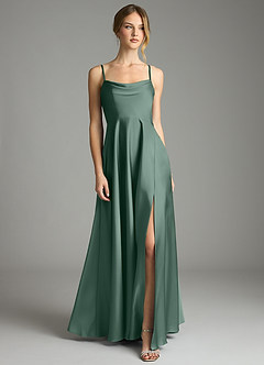 Azazie Elle Vestidos de damas de honor Vestido de Eucalipto de Satén Elástico de Corte en A con Plisado image1