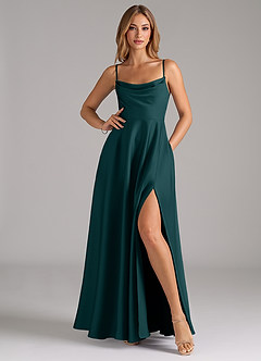 Azazie Elle Bridesmaid Dresses Pine A-Line Pleated Stretch Satin Dress image3