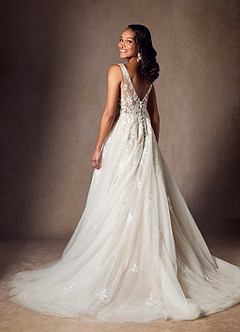 Azazie Joie Abiti da Sposa Abito A-Line in Tulle con Scollo a V e Paillettes Diamante Bianco Nudo image2