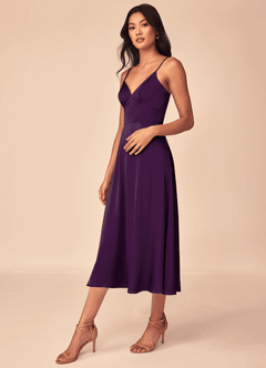 Azazie Dottie Bridesmaid Dresses Grape A-Line Stretch Satin Dress image4