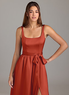 Azazie Elliott Bridesmaid Dresses Rust A-Line with Pockets Stretch Satin Dress image2