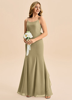 Azazie Lioren Junior Vestido de Musgo Verde de Gasa de Corte Sirena con Lazo image4