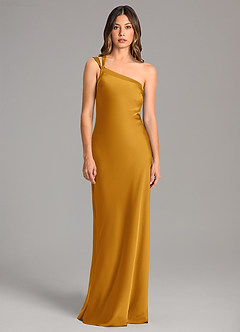 Azazie Monroe Bridesmaid Dresses Butterscotch Mermaid One Shoulder Stretch Satin Dress image4