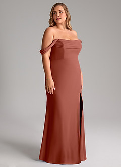 Azazie Saige Vestidos de madrinha de casamento Vestir Castanho Aloirado de Chiffon de Linha A com Fora do ombro image12