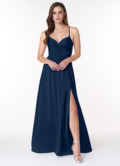 Azazie Raya Brautjungfernkleider A-Linie V-Hals Gefaltet Stretch-Satin Kleid Dunkelmarine image1