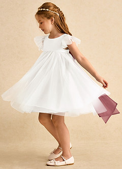 Azazie Munchkin Flower Girl Dresses Ivory Amethyst A-Line Bow Tulle Dress image5