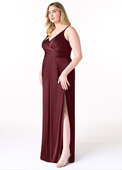 Azazie Aqua Bridesmaid Dresses Cabernet A-Line V-Neck Pleated Stretch Satin Dress image10