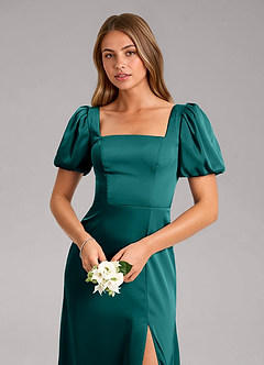 Azazie Fyona Bridesmaid Dresses Peacock A-Line Pleated Stretch Satin Dress image12