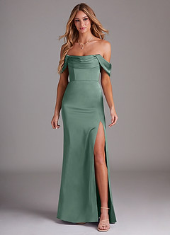Azazie Saige Bridesmaid Dresses Eucalyptus Sheath Off the Shoulder Stretch Satin Dress image3