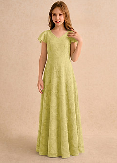 Azazie Narin Girls Formal Flower Girl Dresses Canary A-Line with Sleeves Floral Burnout Dress image3