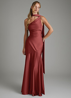 Azazie Amara Robes de demoiselle d'honneur Robe Sirène en Satin extensible Asymétrique Terracotta image3