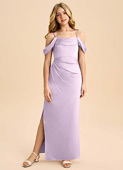 Azazie Saige Junior Robe Fourreau en Satin extensible Épaule décolletée Frostiges Flieder image3