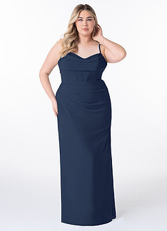 Azazie Mai Robes de demoiselle d'honneur Robe Fourreau en Mousseline de soie Plissée Bleu Marine Foncé image7